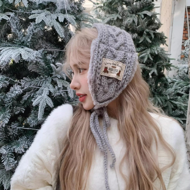 gradle 여성 러블리 방한귀마개 손뜨개 꽈배기 니트 귀도리 턱 끈 털귀마개