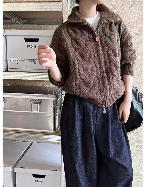 스타일닥터 터틀넥 꽈배기 니트 여성 카디건 도톰 와이드 집업가디건