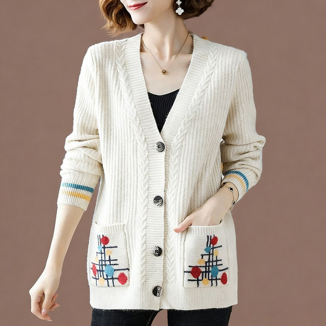 ROYALBELLE 여성 브이넥 싱글버튼 프린트 니트 가디건 하프기장 루즈핏 중년 엄마 긴팔 스웨터 J070404