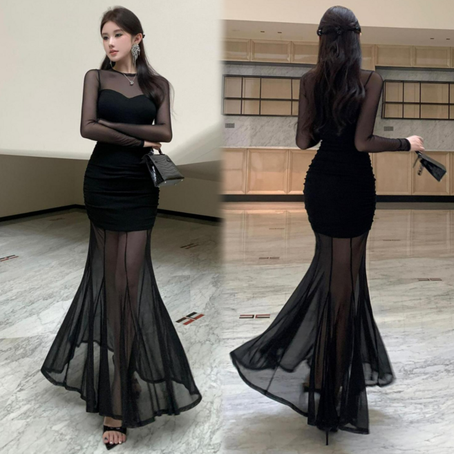 Asure 여성 롱원피스 슬림핏 머메이드 샤스커트 드레스