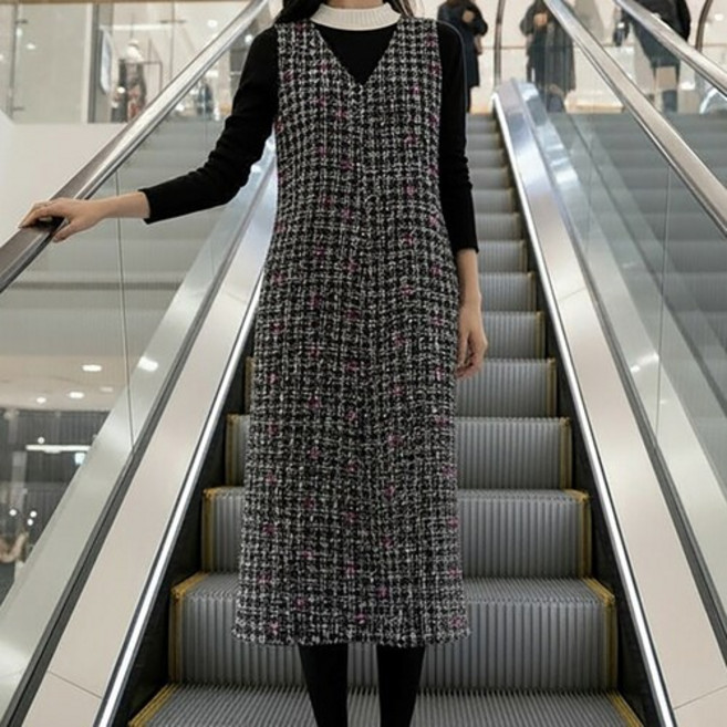 블랙루비스 빈티지 체크 트위드 민소매 원피스 여성 미디 정장 원피스 가을겨울 오피스룩 데이트룩 클래식 LMLW0013