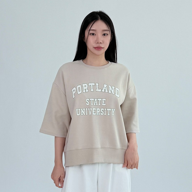 포틀랜드 캐쥬얼 레터링 7부 소매 반팔 루즈핏 맨투맨 티셔츠