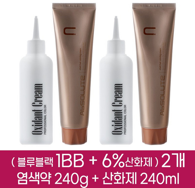 에비뉴 쉬에뜨 앱솔루트 헤어 컬러링 염색약 크림 1BB 2개분 ( 1제 240g + 2제 6%산화제 240ml ), 2개, 블루블랙 1BB