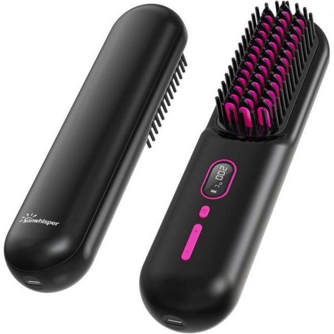 sunwhisper 고데기 웨이브 앞머리볼륨 LED 온도 디스플레이가 있는 휴대용 무선 헤어 스트레이트너 브러시 클립 2개가 미니 음이온 핫 빗 USB 충전 360° 안티스칼, sunwhisper 고데기 웨이브 앞머리볼륨 LED 온