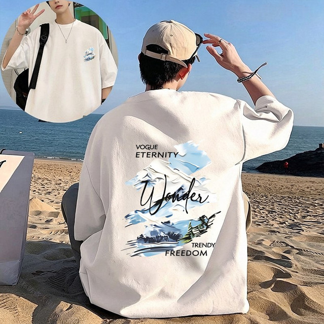 FONOW 반팔면티 순면 100% 남성 루즈핏 반팔 티셔츠 빅사이즈 패션 여성 편안한 통기 여름 캐주얼 라운드 티셔츠 대자연 풍경 양면 프린트 디자인 빅사이즈여성쇼핑몰