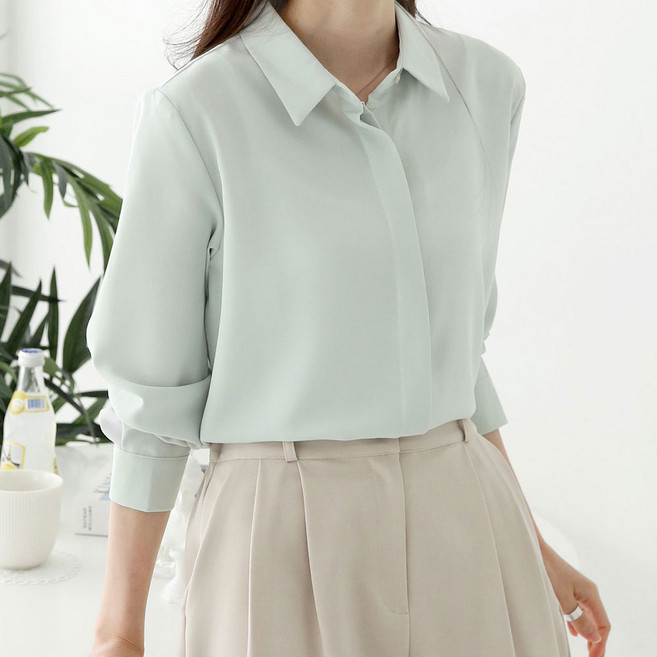 여성용 여리핏 히든 단추 긴팔 셔츠 블랑 블라우스