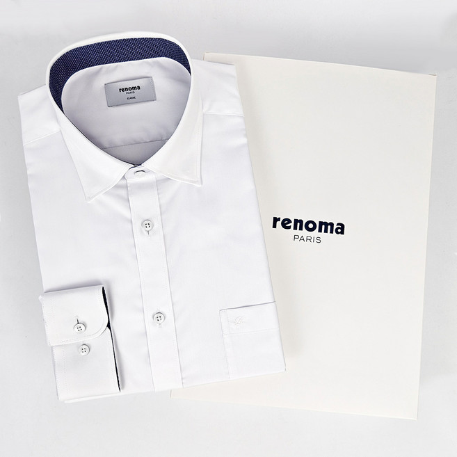 [백화점 정품] 레노마 남성 긴소매 스판 솔리드 포켓 드레스셔츠 화이트 일반핏 정장 와이셔츠 긴팔 (선물포장)