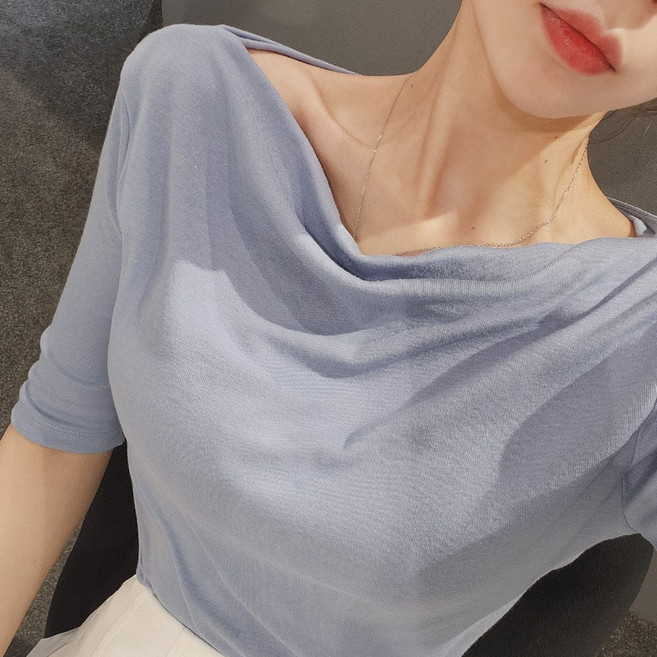 피키랩 셔링 반팔 티셔츠 드레이프 5부 소매 이너 리본 초커 스트랩