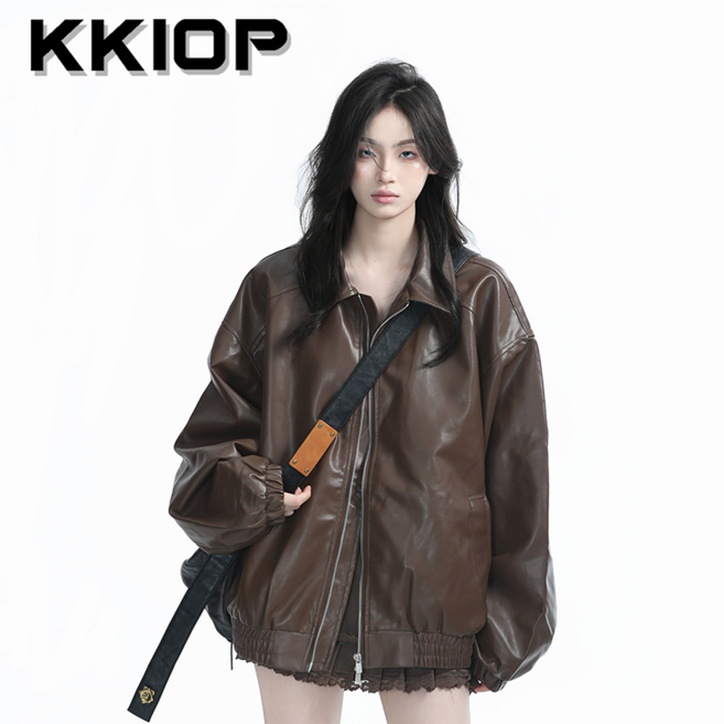 KKIOP 여성 가을겨울 루즈핏 빈티지 블랙 스타일 레더자켓 상의 가죽 자켓