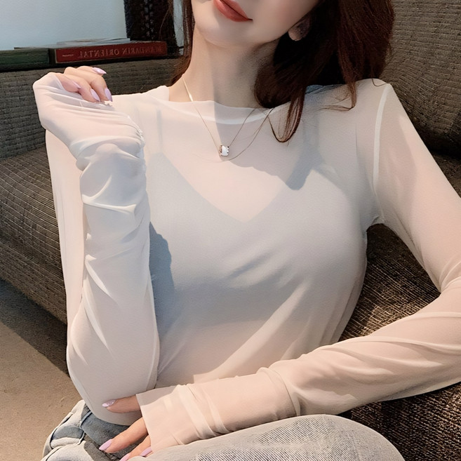 쪼예 섹시 라운드넥 시스루 긴팔 블라우스 티셔츠