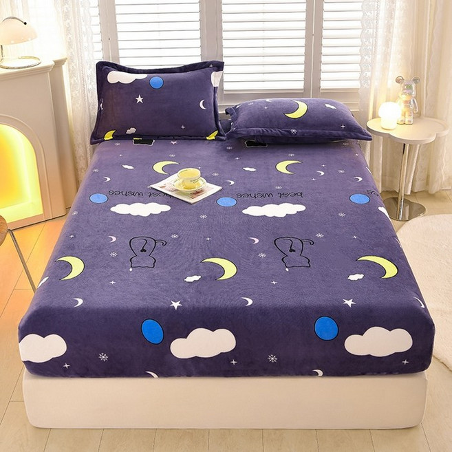 유판 겨울 따슷한 극세사 양털 캐시미어 발열 침대 매트리스 커버+베개커버 세트 침대커버