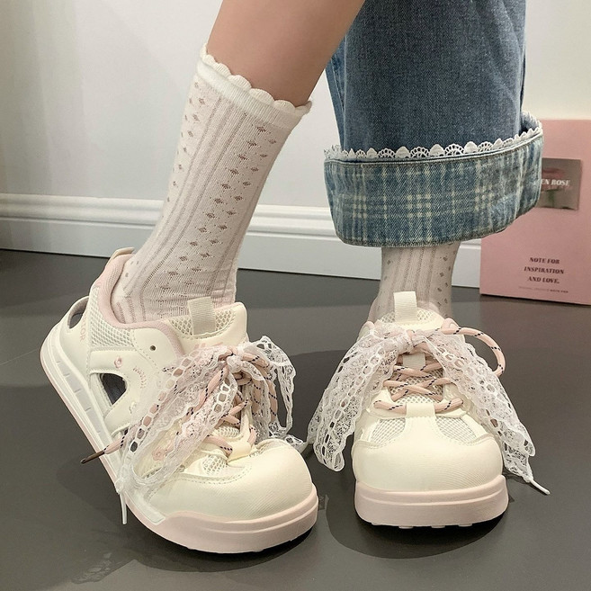 女鞋 透氣網面 輕便軟底 小白鞋 百搭女板鞋, 1個, 米/粉35