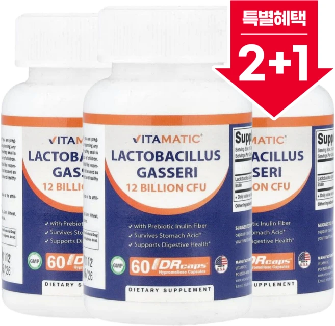 [2+1] 바이타메틱 락토바실러스 가세리 120억 CFU 프리바이오틱 DRCap 하이프로멜로오스 캡슐 60정 / 해외직구 미국정품, 3개 - 쿠팡
