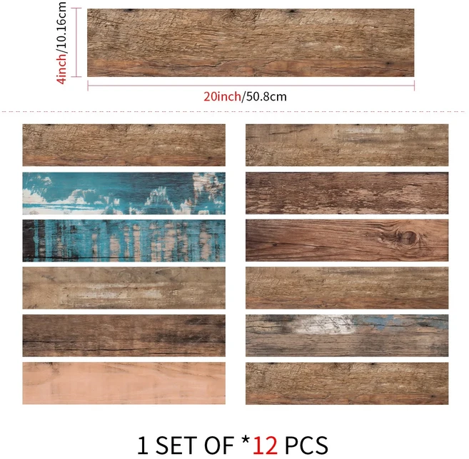 12/24 조각의 나뭇결 바닥재 현대적인 스타일의 PVC 벽 스티커 방수 스티커 거실 주방 가정 장식, B. 10.16x50.8CMx24PCS, 01 CFT007