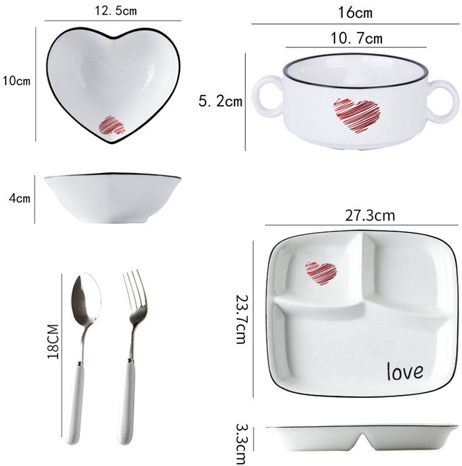 1인 도자기 식기세트 / 분할 다이어트 접시 + 하트 밥그릇 + 핸들볼 + 스푼포크 / 단독 가구 신혼부부 추천 / 깔끔한 무지 디자인, 레드하트 (Red Heart), 1박스