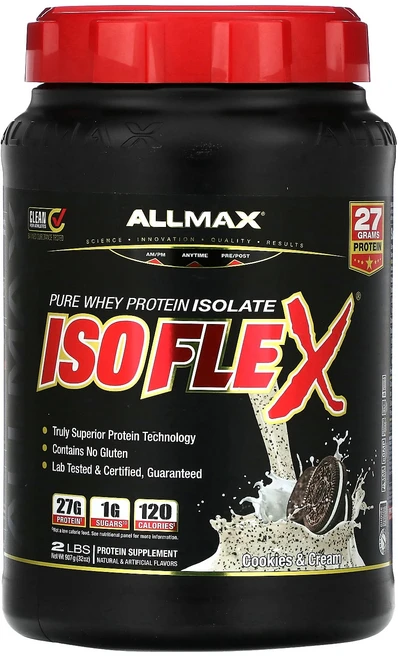 올맥스 Isoflex 100% 초고순도의 분리유청단백질(WPI 이온하전입자여과법) 쿠키와 크림 2 lbs (907 g), 907g, 1개 - 쿠팡