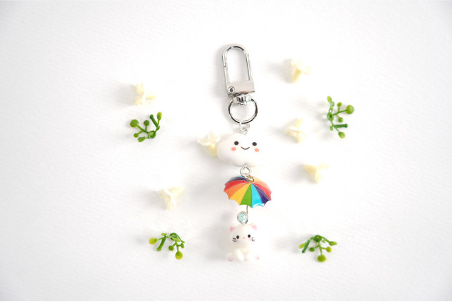 내일맑음 귀여운 고양이키링 우산 네코 웃음 구름 장식 맞춤제작 선물 굿즈 주문제작, 땡땡이무늬, 1개