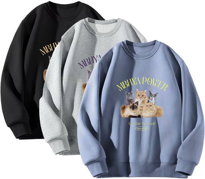 도톰한 양기모 고양이 자수 맨투맨 오버핏 커플 티셔츠