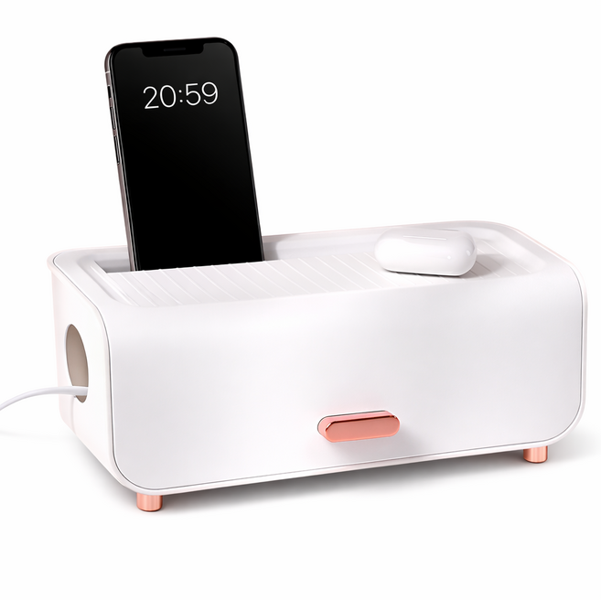 하스몰 커버형 다용도 데스크탑 케이블 충전기 보관함, 화이트, 1개