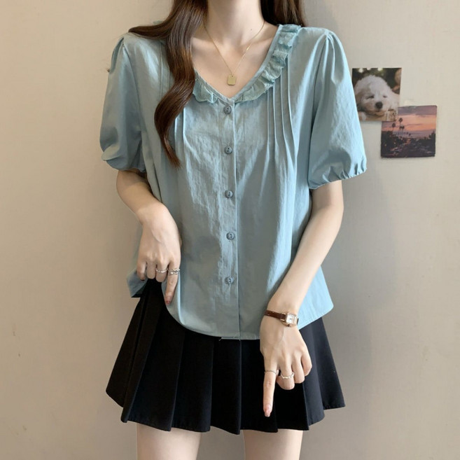 SAHINER 여성 반팔 러플 브이넥 단추 셔츠 블라우스 데일리 ATX74