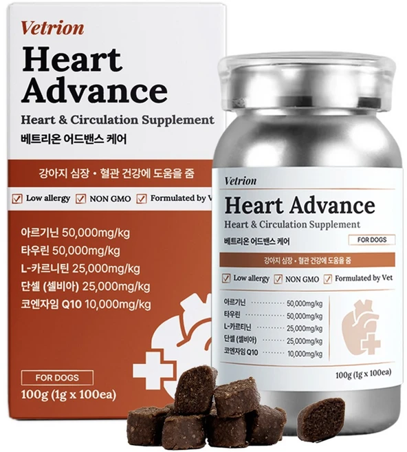 베트리온 하트 어드밴스 강아지 심장 영양제 카디오 면역 혈류개선, 1개, 심장/간, 100정 - 쿠팡