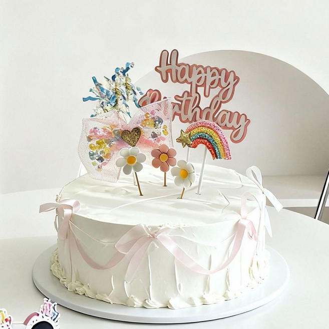 생일케이크장식 케이크토퍼 생일파티 데코픽 무지개토퍼 리본토퍼 파티용품 케이크데코세트 생일파티꾸미기 1세트 6종 토퍼, 1개, 스노우핑크
