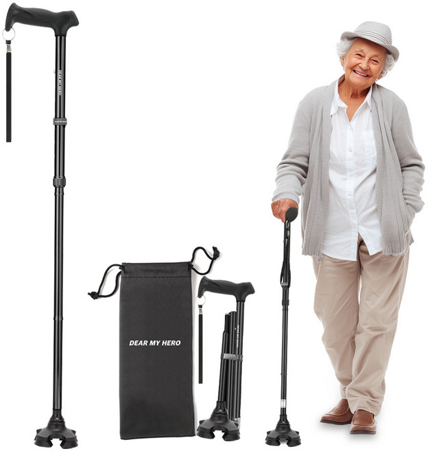 마이히어로 어버이날 선물 1위 노인 지팡이 어르신 의료용 접이식 할머니 할아버지 여자 가벼운 초경량 길이조절용 접이식, 블랙네발, 1개