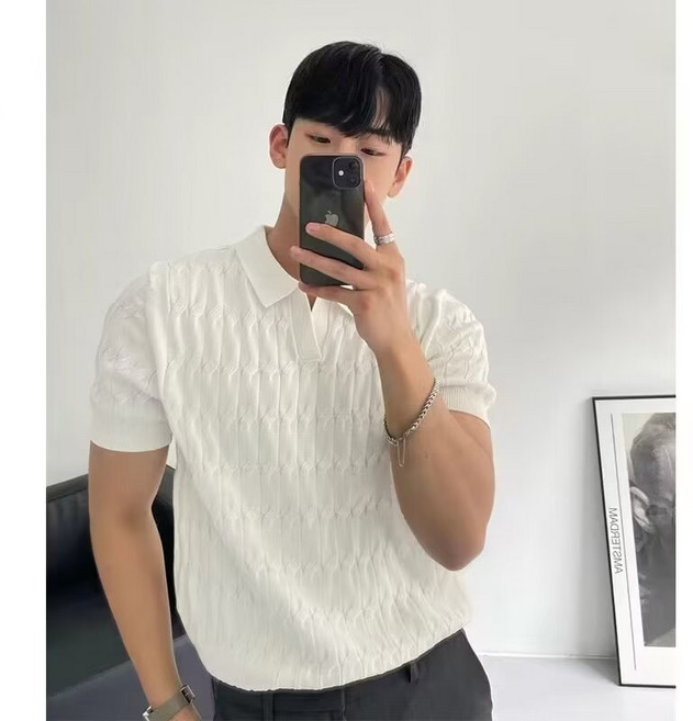 FINE ART 남성 카라 니트 반팔티 골지 셔츠 캐주얼 남방 스판 티셔츠 빅사이즈 여름니트 데일리