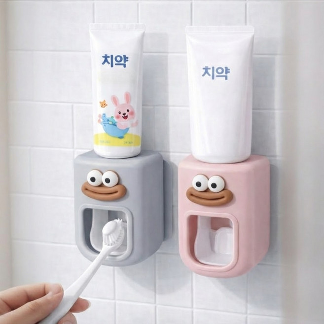 DAGUMLIFE 원터치 자동 치약짜개 디스펜서 무타공 걸이, 핑크+그레이