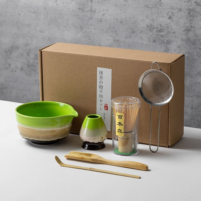 日式抹茶碗組 百本立抹茶攪拌器 茶道器具套裝, 1套, 窯變綠條紋碗6件套