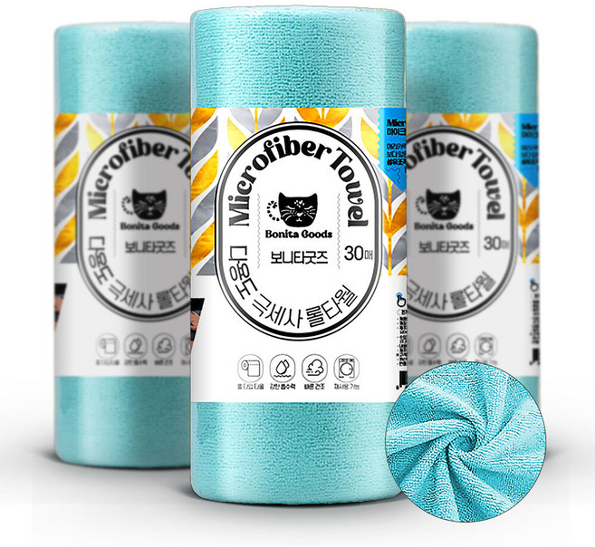 보니타굿즈 다용도 극세사 타올 30매 x3롤(하늘색), 1개