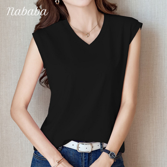 나바바 NT1587 여성 심플 무지 베이직 브이넥 민소매 티셔츠
