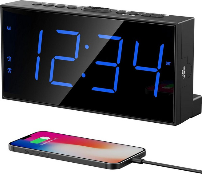 침실용 PPLEE 알람 시계 대형 75인치 LED 디스플레이 및 빅 넘버 듀얼 5레벨 볼륨 디머 USB 충전기 배터리 백업 시니어 플러그인, With Basic Digits, Blue