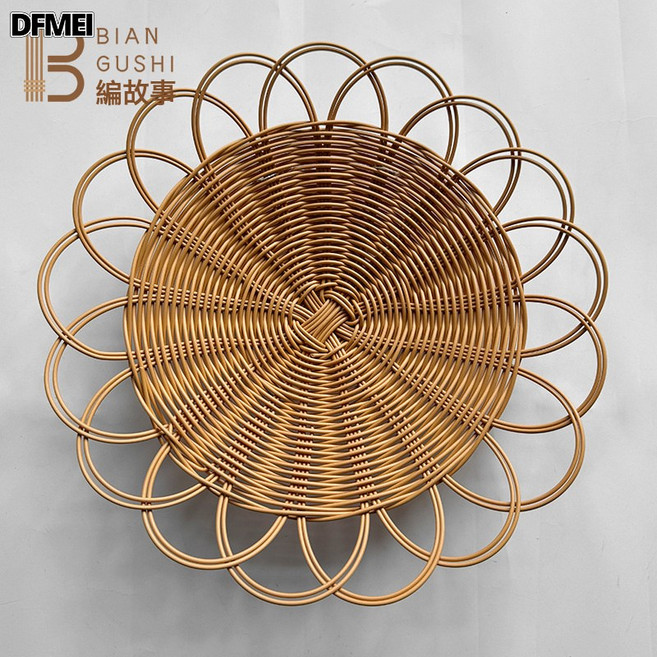 QRU 北歐波西米亞藤編牆飾圓形牆壁裝飾仿藤塑編民宿客廳掛件壁掛壁飾, 仿藤太陽花(35cm)