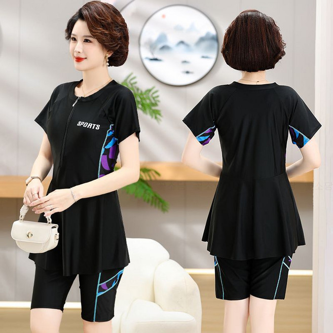 꽃소담 빅사이즈 중년 여성 스포츠 힙커버 원피스 수영복 + 5부 스판 반바지 투피스 MQ26A529, 타입1