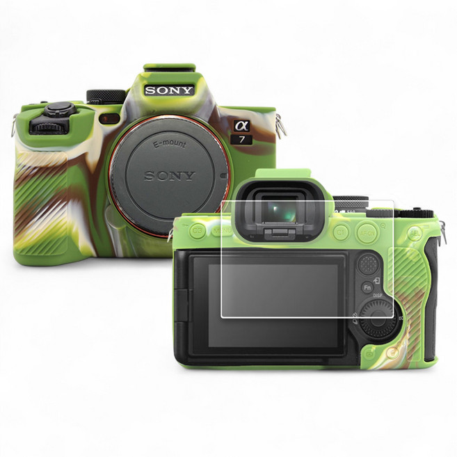 소니 A7M4 IV 카메라 하우징 범퍼 케이스 + 액정 방탄유리 필름, 1세트, 케이스 색상 - 카모