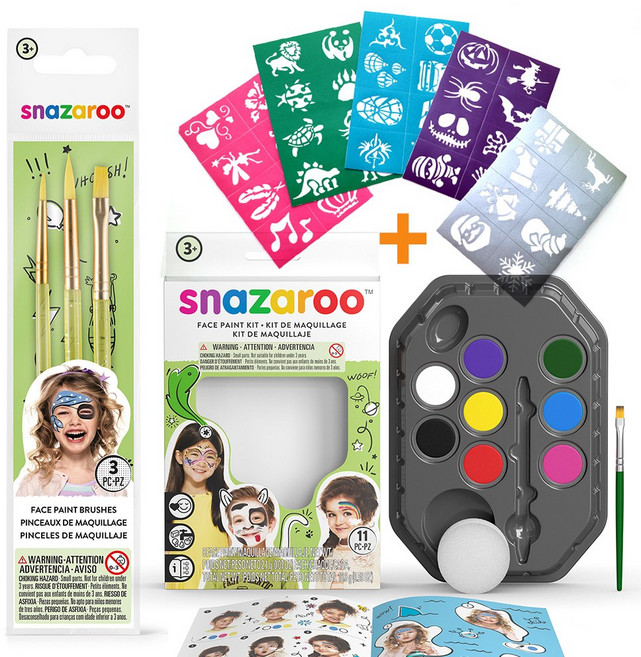 영국 스나자루 페이스페인팅 번들킷 레인보우8색키트 + 브러쉬3종 + 스탠실56종