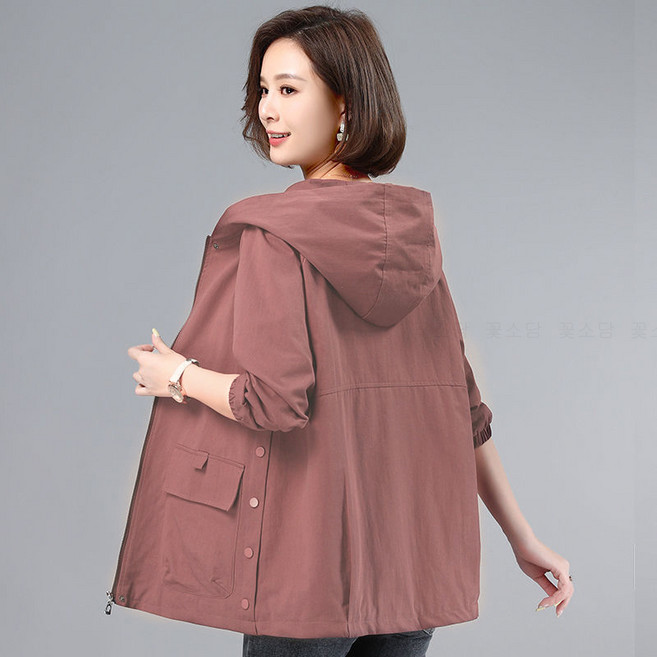 꽃소담 중년여성 100kg까지 빅사이즈 봄가을 후드 루즈핏 긴팔 얇은 자켓 아우터 HZHF26A482