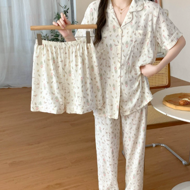 엔에스레이블 쓰리피스 반팔/반바지/긴바지 세트 여성 편한 홈웨어 잠옷