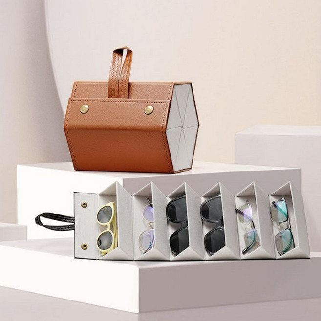 휴템 휴대용 안경 선글라스 보관함, 1개, 브라운 2칸