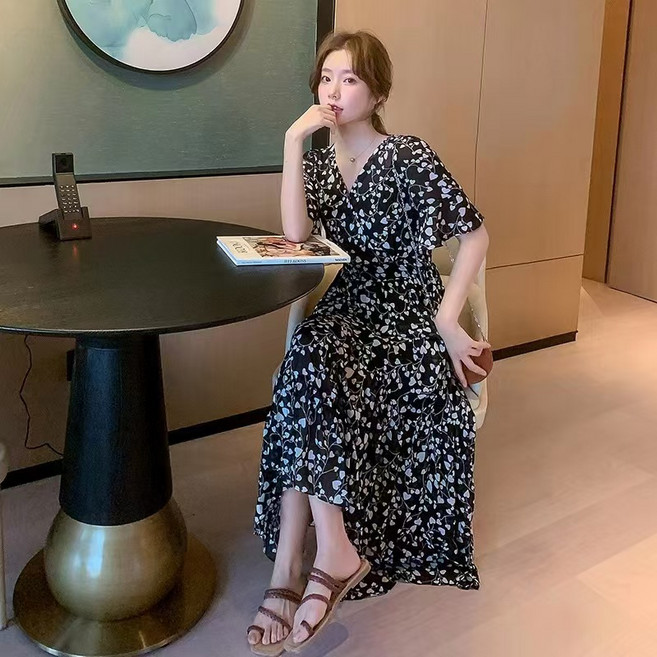 COSYEVNO 여름 시폰 소재 루즈핏 슬림핏 배 커버 롱 원피스