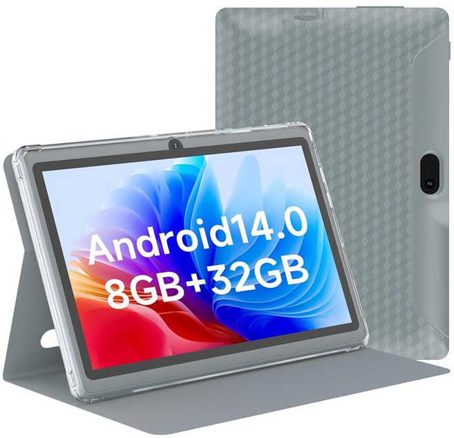 HOTTABLET 태블릿 7인치 안드로이드 14.0 보호 케이스 포함 8GB(3+5GB 확장) RAM+ 32GB ROM IPS 스크린 듀얼 카메라 블루투스 5.0 Wi, Gray