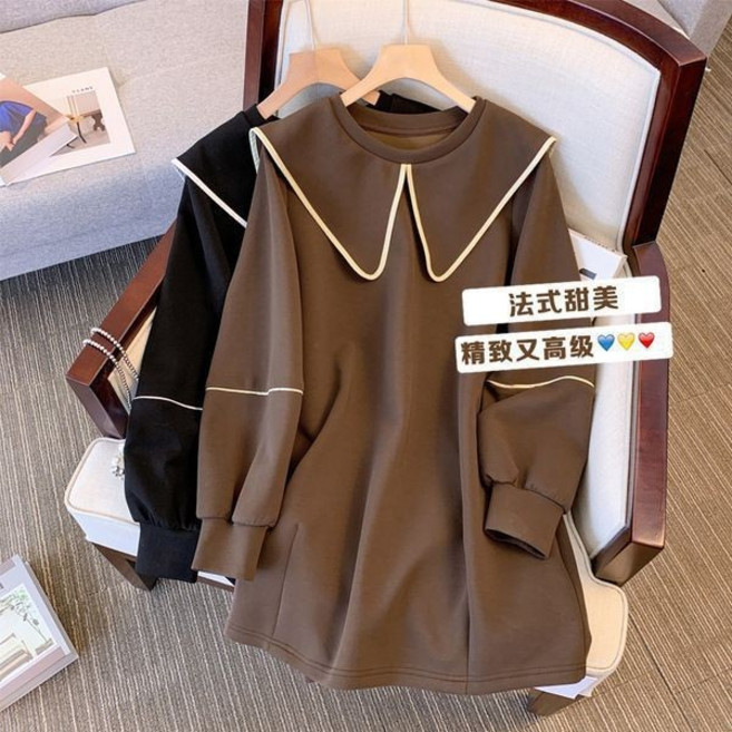 秋冬復古娃娃領大碼寬鬆中長連衣裙 黑色2XL