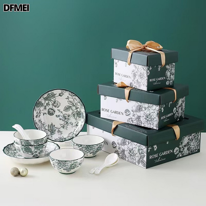 DFMEI 日式碗具套裝碗盤碟禮品瓷碗新婚喬遷新居開業活動陶瓷餐具禮盒裝, 1個, 綠色玫瑰彩盒, 4碗4勺2盤(10套/箱)