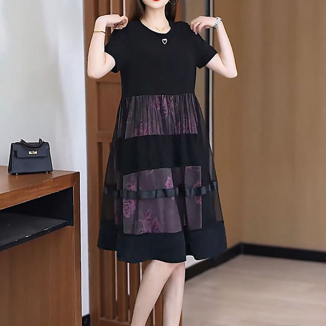 여성 여름 블랙 베리퍼플 플로럴 프린트 라운드넥 반팔 다단 망사 시스루 미디 원피스 루즈빅사이즈 체형커버 얇고 시원한 데일리 캐주얼 데이트 드레스