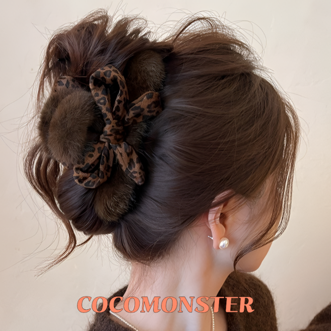COCOMONSTER 프리미엄 호피 리본 밍크퍼 올림머리 헤어 집게핀 반머리 집게핀