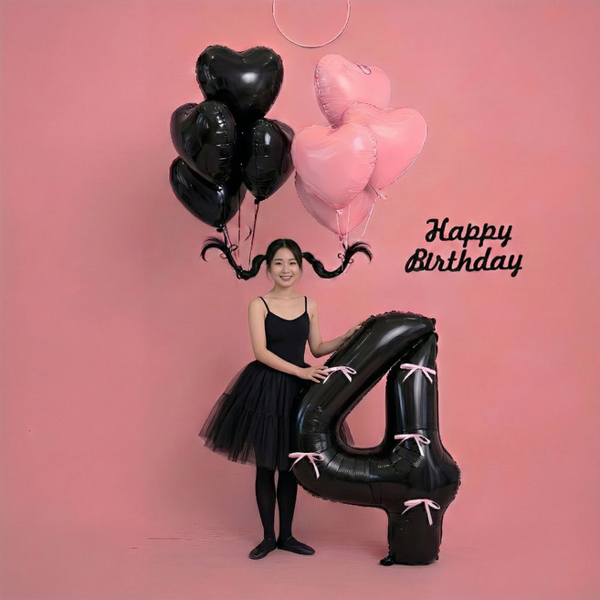 이벤트홀릭 삐삐머리 하트 헬륨 리본 대형 숫자 풍선 세트 생일파티용품, 1개, 숫자풍선 4