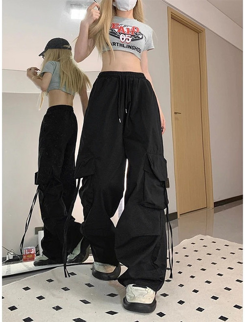 Ladyshare 韓版高腰寬鬆直筒鬆緊工作褲