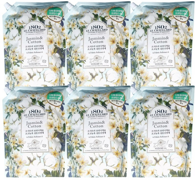 르샤트라 보타닉캐슬 고농축 섬유유연제 자스민 코튼 리필, 6개, 1.5L