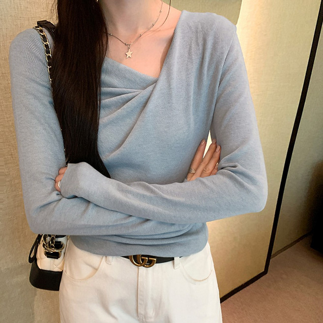 드레이프 셔링 티셔츠 브이넥 무지 슬림 스판 여성 티셔츠 이너